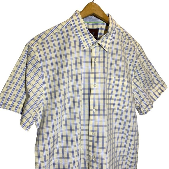 Tattersall London men's size L white yellow blue short sleeve button up shirt - Picture 3 of 7